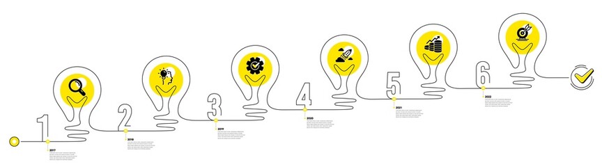 Lightbulb journey path infographics. Business Infographic timeline with 6 steps. Workflow process diagram with Research Idea, Working, Money earn and Goal target icons. Vector