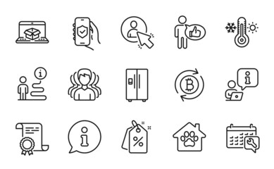 Business icons set. Included icon as Thermometer, Discount tags, Spanner signs. Pet shelter, Group, Security app symbols. Refrigerator, Online delivery, Like. Certificate, Refresh bitcoin. Vector