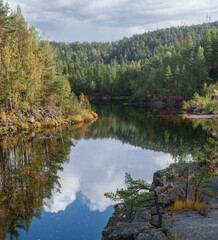 Autumn river landscape in the mountains of Norway. Lumber Slide Tømmerrenna..