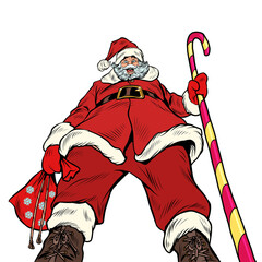 Pretentious Santa Claus bottom up view. Christmas and New Year, winter seasonal holiday in December - obrazy, fototapety, plakaty