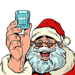 Santa Claus and a shot of vodka. Holiday party Christmas and New Year, winter seasonal holiday in December - obrazy, fototapety, plakaty