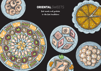 Oriental sweets vector illustration, top view. Middle eastern food, hand drawn. Food menu background. Colorful design template. EPS10