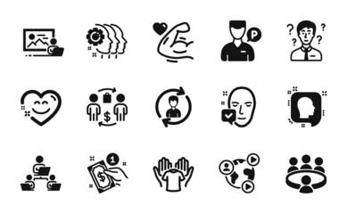 Vector set of Teamwork, Hold t-shirt and Support consultant icons simple set. Buying process, Face accepted and Valet servant icons. Payment method, Strong arm and Smile chat signs. Vector