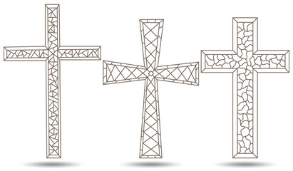 The illustrations in the stained glass style with a contoured Christian crosses,dark outlines on white background