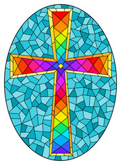 Illustration in stained glass style with a bright Christian cross on a blue background , oval image