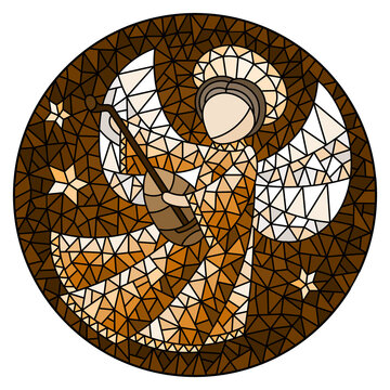 Illustration in stained glass style with an abstract angel in a robe play the lute , round picture, tone brown