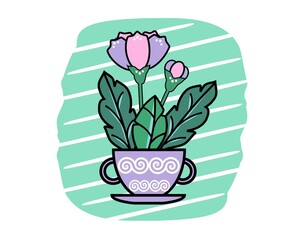 Plant with flowers, in a vase with handles, colored background, for design and print, postcard, invitation
