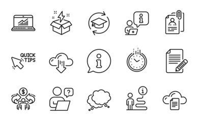 Education icons set. Included icon as Online statistics, Interview documents, Creative idea signs. Quick tips, Continuing education, File storage symbols. Sharing economy, Article, Time. Vector