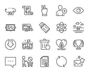 Vector set of Victory hand, Blog and Add user line icons set. Online payment, Favorite mail and Refresh icons. Swimming pool, Stop shopping and Financial documents signs. Vector