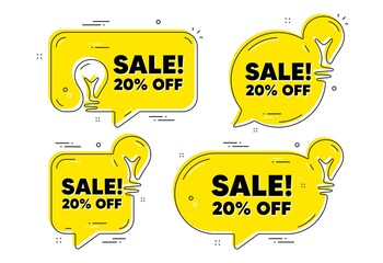 Sale 20 percent off discount. Idea yellow chat bubbles. Promotion price offer sign. Retail badge symbol. Sale chat message banners. Idea lightbulb balloons. Vector
