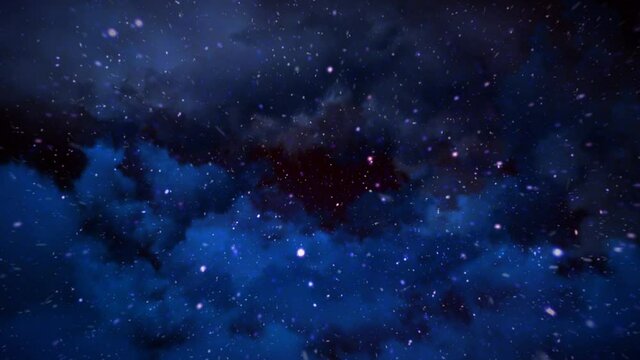 Blue Christmas Cloud Flythrough Background 4K Loop features flying through blue clouds with a space background with snow and particles flying toward the viewer in a loop.