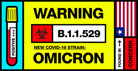 Fototapeta premium Liberia. Covid-19 New Strain Called Omicron. Found in Botswana and South Africa. Warning Sign with Positive Blood Test. Concern. B.1.1.529.