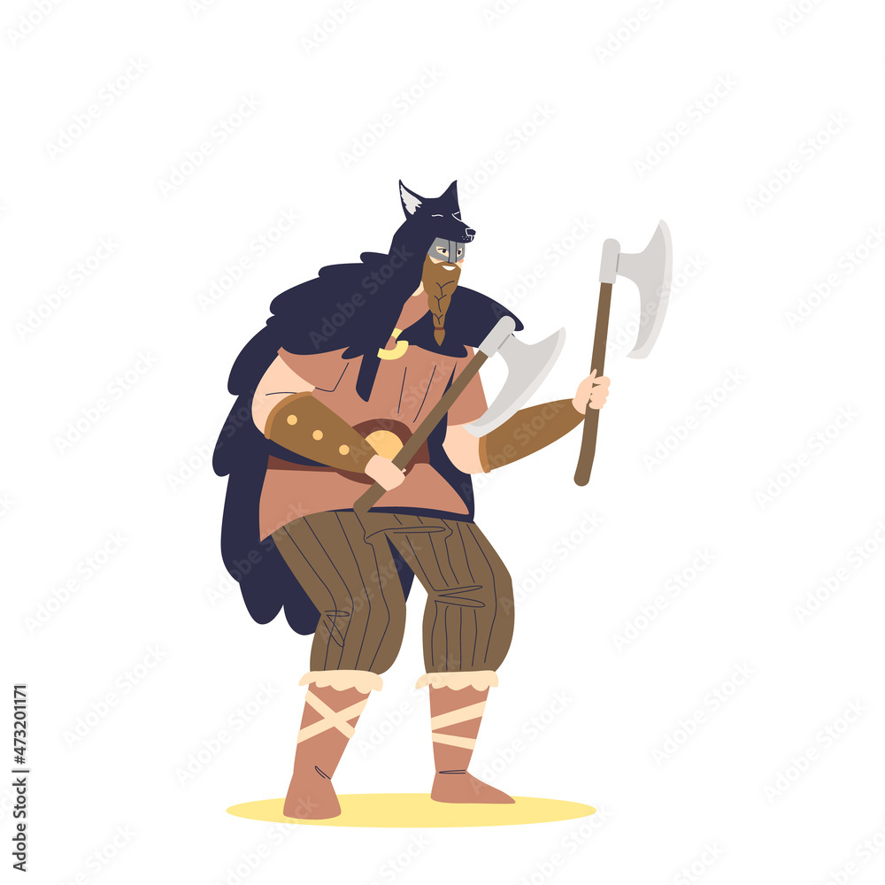 Wall mural viking warrior holding axes dressed in medieval clothes. man scandinavian mythology character