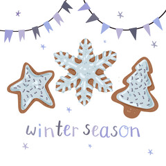 Fototapeta na wymiar Cozy winter season illustration with gingerbread cookies, flags adn snowflakes