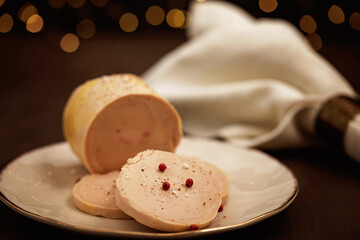Foie gras, goose liver  traditional french starter for winter holidays celebration. Cristmas appetizer for buffet, festive dinner concept © netrun78