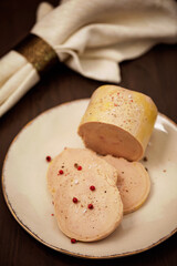 Foie gras, goose liver  traditional french starter for winter holidays celebration. Cristmas appetizer for buffet, festive dinner concept - obrazy, fototapety, plakaty