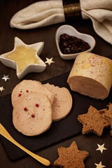 Foie gras, goose liver  traditional french starter for winter holidays celebration. Cristmas appetizer for buffet, festive dinner concept © netrun78
