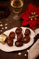 Glazed chestnuts,  traditional french sweets for winter holidays celebration. Cristmas dessert, festive dinner concept