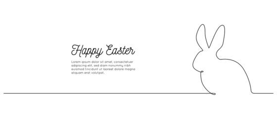 Fototapeta premium Continuous one line drawing of Easter Bunny. Cute rabbit silhouette with ears in simple linear style for spring design greeting card and web banner.Editable stroke. Contour Vector illustration