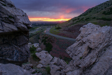 sunset at the mouth of Parley's canyon in Salt Lake City from the top of a popular rock climbing spot - obrazy, fototapety, plakaty