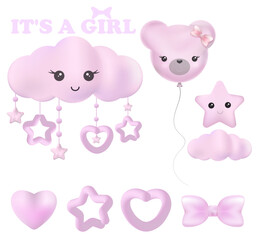 Set of baby shower or birthday cartoon elements star, bear, balloon. It's a boy. It's a girl. Vector illustration