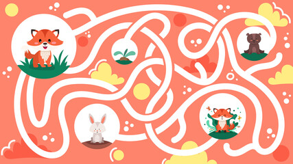 Funny maze for children with cute animals and bright colors. Help the little fox cup to find his Mom. Mini games collection. Vector cartoon illustration