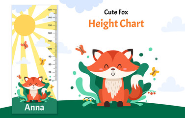 Kids height chart with cute fox character. Vector isolated illustration with funny animal on a bright background