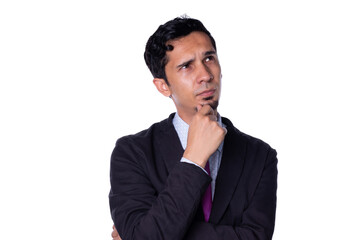 Elegant man puts his hand on his chin with thoughtful expression, Young adult latin man isolated on all white background.
