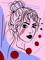 Modern abstract female portrait. Woman face line drawing art with colorful lines and circle elements