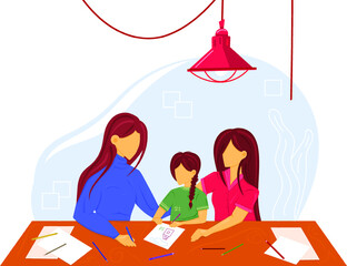 female parents spending time together with their child. two moms and their daughter drawing picture. vector illustration of happy homosexual family in cartoonish style