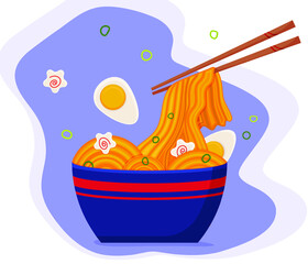 noodles in bowl with chopsticks. Vector cartoon illustration of Japanese ramen  with egg and narutomaki. Food illustration