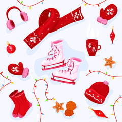 Set of traditional winter holidays symbols. Illustration of attributes for skating. Cute hand drawn vector elements for greeting cards, postcards, wrapping paper