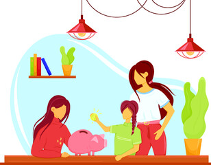 Happy homosexual family saves money in a piggy bank. Two moms and their daughter dropping coin in moneybox. Vector illustration concept of teaching children to save money
