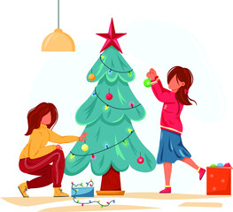 Obraz na płótnie Canvas two girls decorating Christmas tree. Preparing and celebrating New Year holidays together. Vector illustration cartoon style