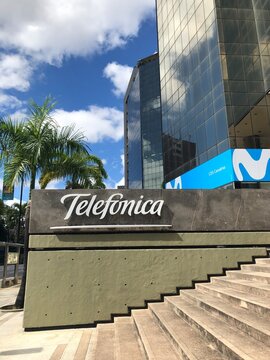 The exterior and logo of modern building of telecommunications operator Telefonica Movistar headquarters in Caracas