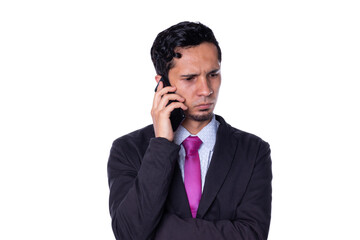 Fototapeta premium Elegant man talking on the phone with serious expression, isolated on white background.