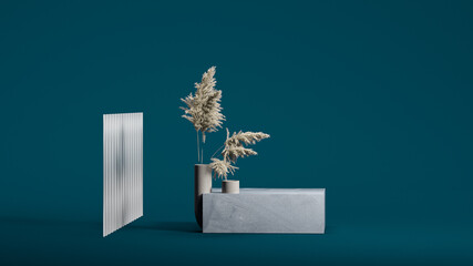 Gray stage with dry plants on the pale blue background. Natural showcase. Minimal design. 3d rendering.