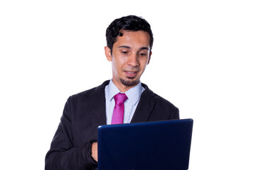 Smiling Business man using small dark blue laptop, isolated on all white background.