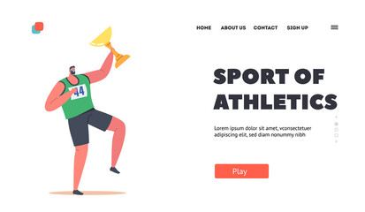 Sport of Athletics Landing Page Template. Happy Sportsman with Gold Goblet. Sportive Character Celebrate Victory