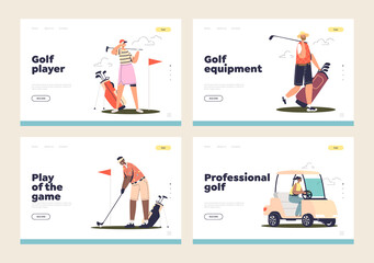 Professional golf and equipment concept of landing pages set with people golfers playing golf
