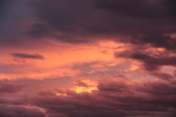 Naklejka na ściany i meble coucher de soleil dans les nuages donnant une lumière rosé et jaune