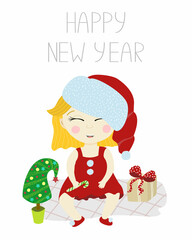 Merry christmas and happy new year greeting card. A girl dressed as Santa sits with gifts and a Christmas tree. Vector greeting card template for email newsletter.