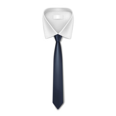 Realistic black tie with white collar shirt. Classic male outwear for formal event