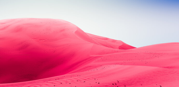 Contrast Orange Dunes And Blue Sky. Desert Dunes Landscape With Contrast Skies. Minimal Abstract Background. 3d Rendering