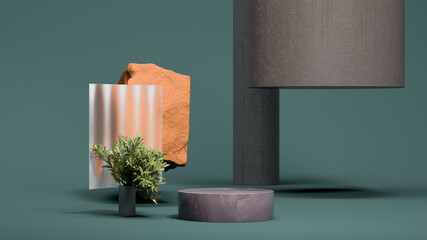Little magenta round podium display on the teal background with small palm tree. Natural showcase. Minimal design. 3d rendering.