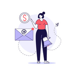 Woman shouting in megaphone. Business character announcing with loudspeaker. Direct marketing. Concept of promotion, e-mail marketing, pr, email campaign. Vector illustration in flat for web banners