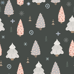 Seamless pattern of Christmas trees and trees in boho or scandinavian style. Christmas items with winter elements and holiday wishes. Winter vector illustration on white background.