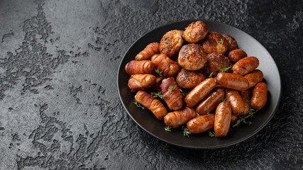 Pigs in Blankets, cocktail sausages and meatballs on plate. Party food