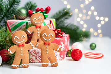 Christmas Decorations with Gingerbread man and Gift Box. Traditional holiday symbol. Christmas...