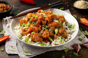 Asian crispy sweet sesame chicken with basmati, wild rice and spring onion.